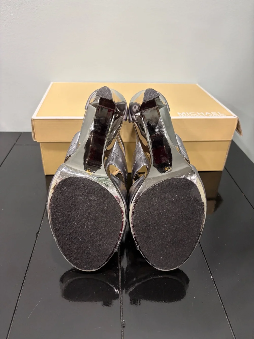 Michael Kors Metallic Pewter Zip-Front High Heel Sandals